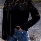 Black Lace Crochet Patchwork O Neck Long Sleeve Top