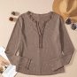 Coffee Acid Wash Waffle Knit Buttoned Neckline Long Sleeve Top