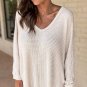 White Waffle Knit Side Slits Loose Fit V Neck Top
