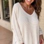 White Waffle Knit Side Slits Loose Fit V Neck Top