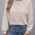 Khaki Stripe Round Neck Drop Shoulder Long Sleeve Top
