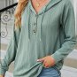 Mint Green Button Front Textured Drawstring Hooded Long Sleeve Top