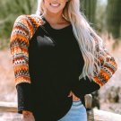 Orange Geo Print Raglan Patchwork Long Sleeve Tee