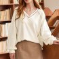 Beige Exposed Seam Textured Knit V Neck Pullover Top