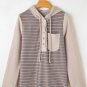 Gray Textured Knit Colorblock Striped Henley Hooded Top