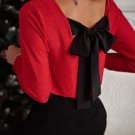 Racing Red Metallic Bowknot Open Back V Neck Top