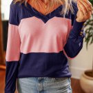 Blue Stripe Colorblock Button Decor Long Sleeve V Neck Top