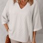 White Solid Color Corded Drop Shoulder 3/4 Sleeve V Neck Top