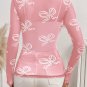 Pink Round Neck Bow Print Long Sleeve Mesh Top