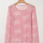 Pink Round Neck Bow Print Long Sleeve Mesh Top