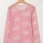 Pink Round Neck Bow Print Long Sleeve Mesh Top