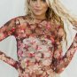 Red Floral Print Sheer Mesh Long Sleeve Top