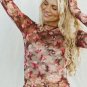 Red Floral Print Sheer Mesh Long Sleeve Top