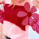 Pink Floral Patch Color Block Striped Sleeve Textured Top