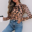 Brown Leopard Round Neck Long Sleeve Slim Top