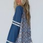 Blue Geometric Printed Lace Patchwork Ric Rac Raglan Long Sleeve Top