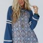 Blue Geometric Printed Lace Patchwork Ric Rac Raglan Long Sleeve Top