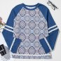 Blue Geometric Printed Lace Patchwork Ric Rac Raglan Long Sleeve Top