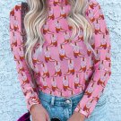 Pink Cowgirl Boots Printed Mock Neck Long Sleeve Mesh Top