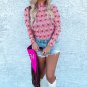 Pink Cowgirl Boots Printed Mock Neck Long Sleeve Mesh Top