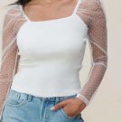 White Swiss Dot Mesh Long Sleeve Square Neck Slim Top