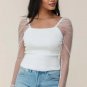 White Swiss Dot Mesh Long Sleeve Square Neck Slim Top