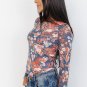 Orchid Petal Floral Print Mesh Fitted Long Sleeve Top