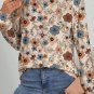 Khaki Floral Print Loose Crew Neck Long Sleeve T Shirt