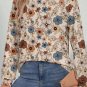 Khaki Floral Print Loose Crew Neck Long Sleeve T Shirt