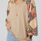 Parchment Contrast Printed Raglan Sleeves Patchwork V Neck Loose Top