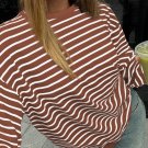 Coffee Striped Long Sleeve Round Neck Loose Top