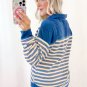 Blue Stripe Buttoned V Neck Collared Drop Shoulder Top