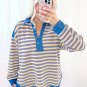 Blue Stripe Buttoned V Neck Collared Drop Shoulder Top