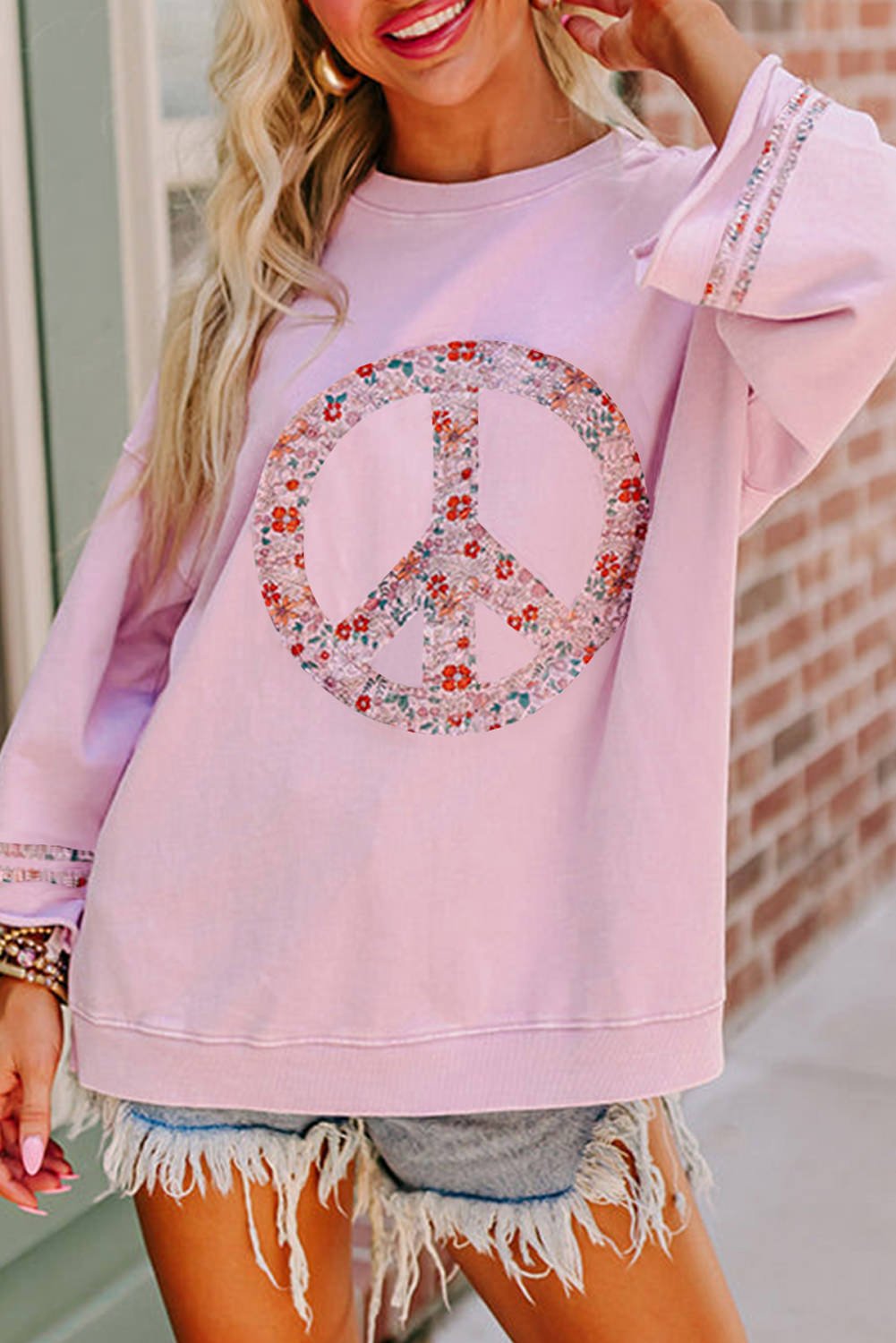 Light Pink Floral Peace Sign Drop Shoulder Wide Sleeve Casual Top