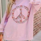 Light Pink Floral Peace Sign Drop Shoulder Wide Sleeve Casual Top