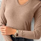 Straw Yellow Ribbed Knit V Neck Long Sleeve Slim Fit Top