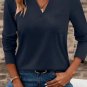 Dirty blue Notch V Neck Pocket Patched Long Sleeve T Shirt