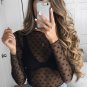 Black Star Print Mesh Sheer Slim Long Sleeve Top