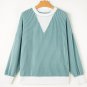 Light Blue Corded Colorblock Drop Shoulder Loose Top