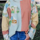 Rose Pink Floral Patchwork Waffle Color Block Pullover Top