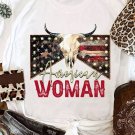White American Woman Cow Skull Print Graphic T Shirt