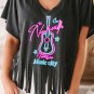 Black Nashville Guitar Slogan Print Fringed V Neck Graphic Tee
