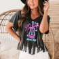 Black Nashville Guitar Slogan Print Fringed V Neck Graphic Tee