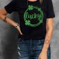 Black St Patrick Sequin Lucky Clover Print Short Sleeve T Shirt