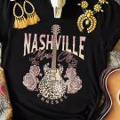 Black Nashville Leopard Guitar Rose Print Short Sleeve T Shirt