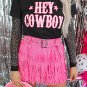 Black HEY COWBOY Letters Crew Neck T Shirt