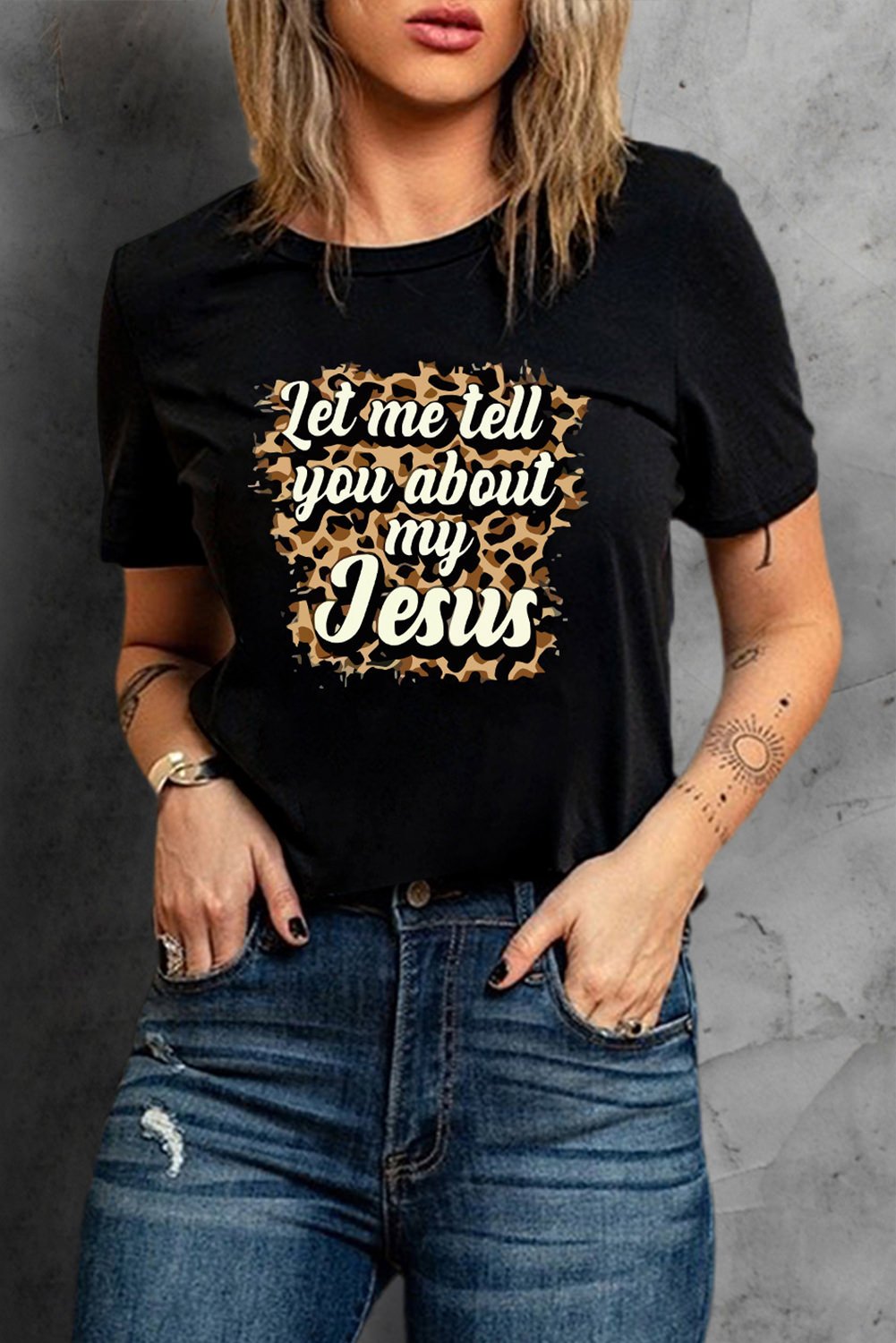 Black Leopard Letter Print Crewneck Graphic Tee