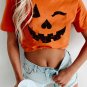 Orange Halloween Pumpkin Face Print Crew Neck T Shirt
