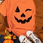 Orange Halloween Pumpkin Face Print Crew Neck T Shirt