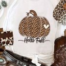 White Hello Fall Leopard Pumpkin Graphic T Shirt
